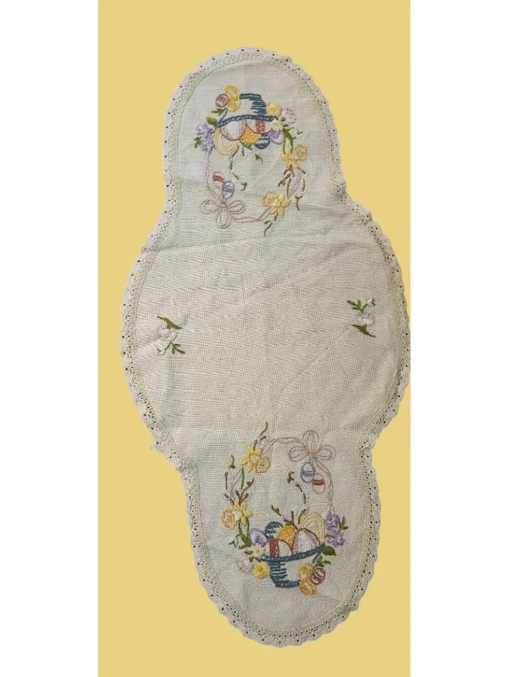 Embroidered Easter Basket & Eggs Linen Table Runner, Bread Basket Liner